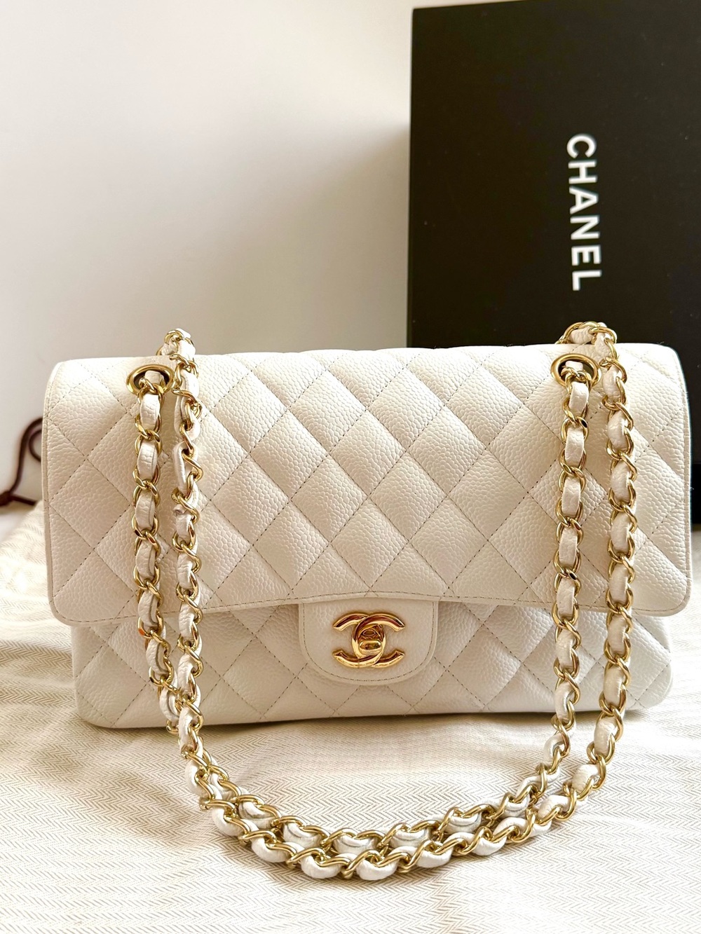Chanel Classic Double Flap Caviar
 white GHW Meduim Size